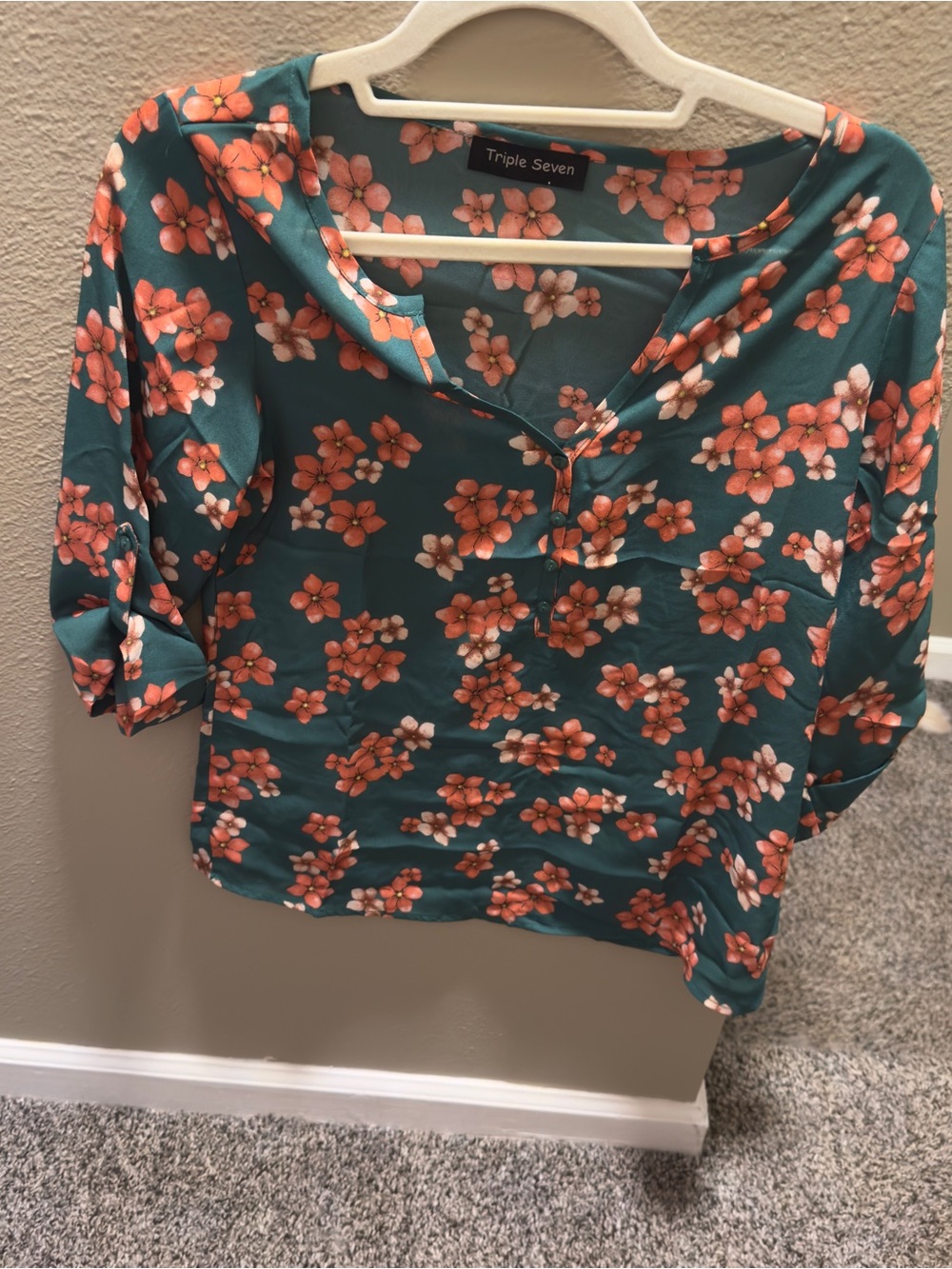 Triple Seven Teal Blouse with Coral Floral Print